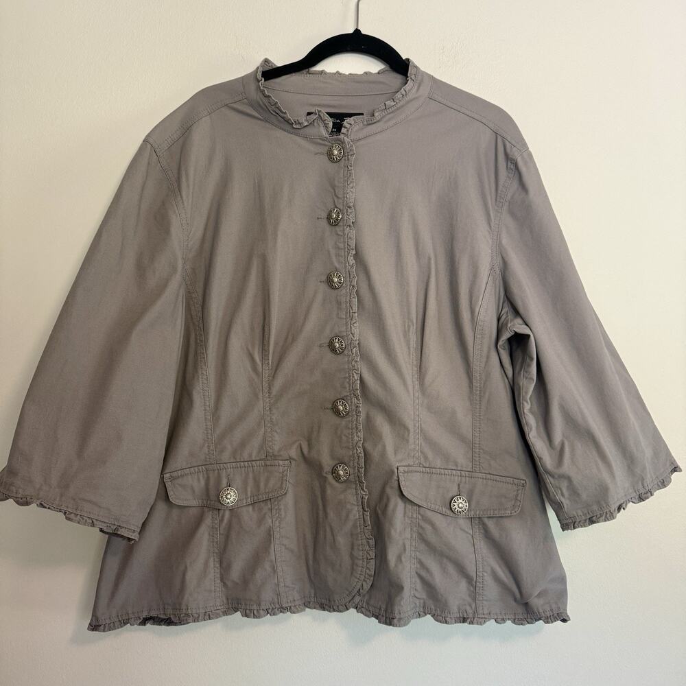 Christiana Zinn Gray Button Up Jacket 3/4 Sleeve Ruffled Edges 3X